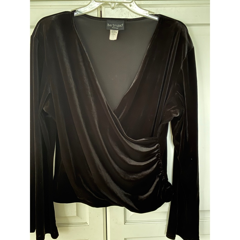 Bay Studio Evenings Black Velvet Faux Wrap Top Long Sleeve Ruched Blouse XL